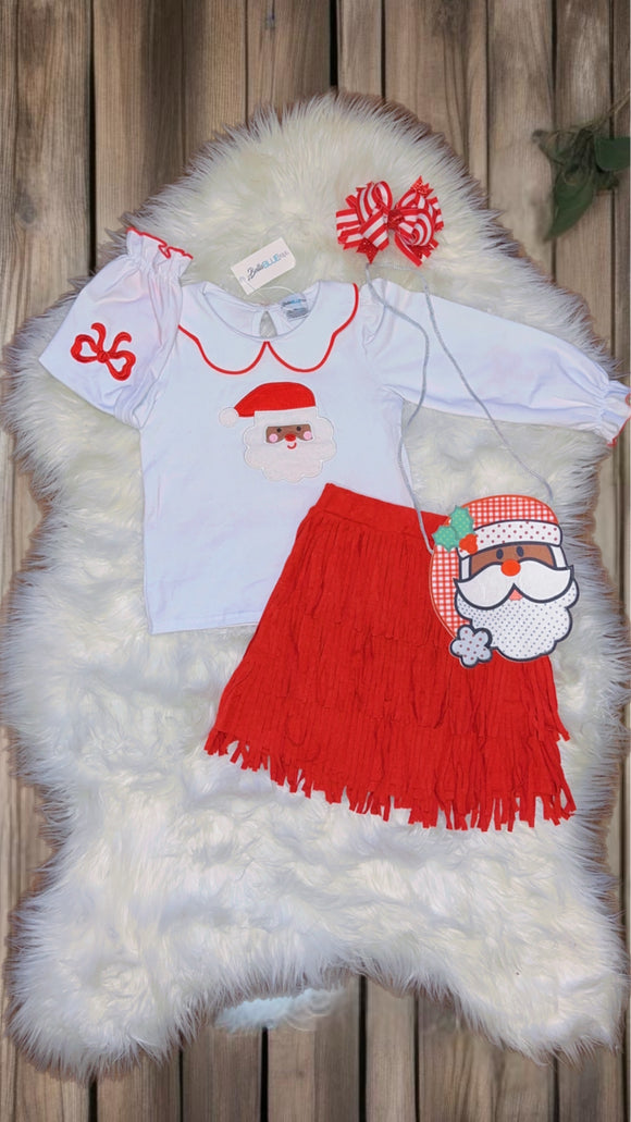 (New) Embroidery Red Fringe Black Santa Skirt Set