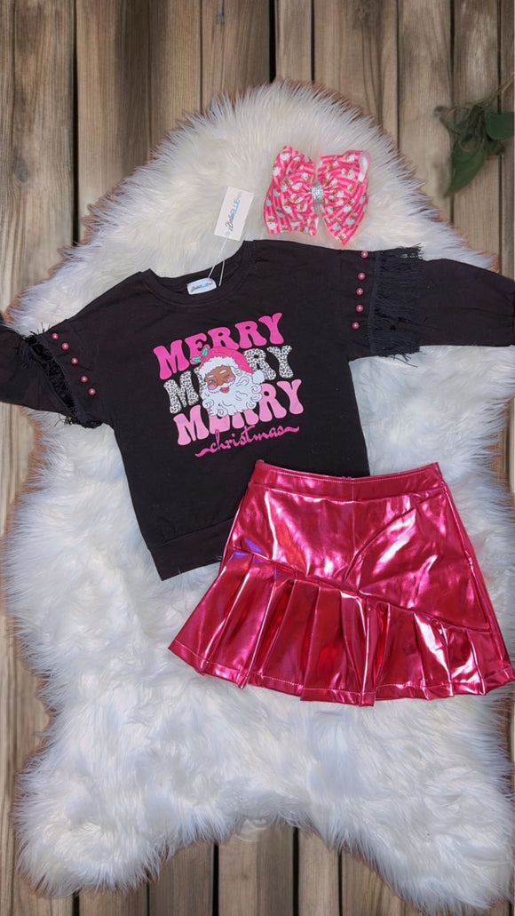 (New) Pink Skirt Black Santa Set